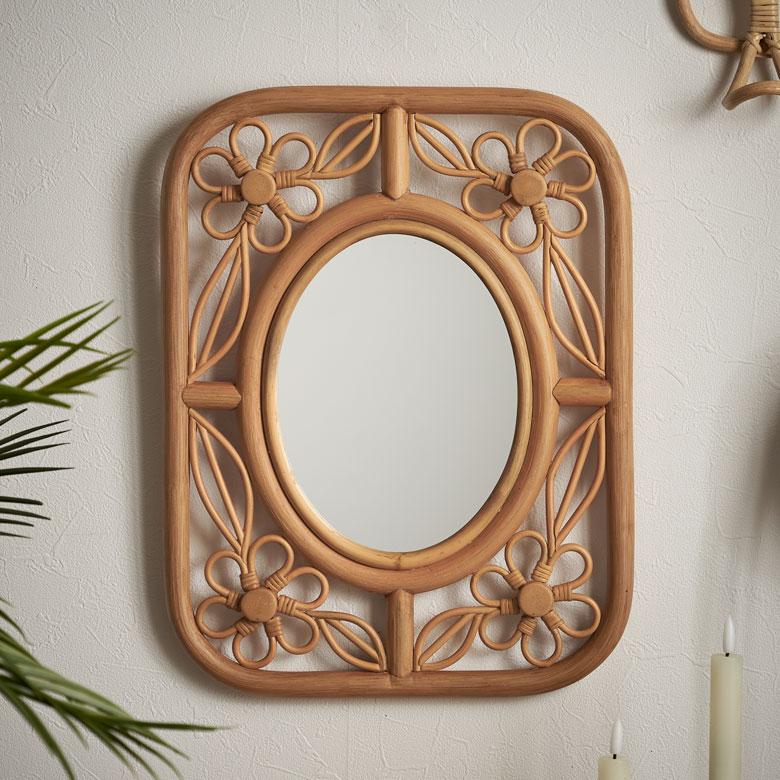 ミラー 鏡 ラタン 籐 高さ 42cm ナチュラル デイジー フラワー
