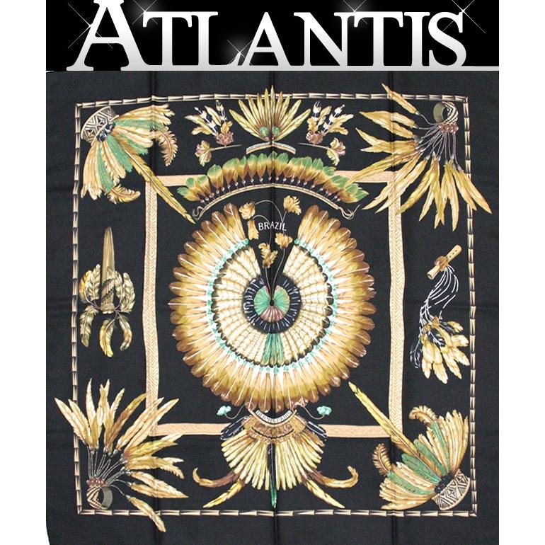 美品 エルメス HERMES カレ90 スカーフ BRAZIL ブラジル 黒系 シルク