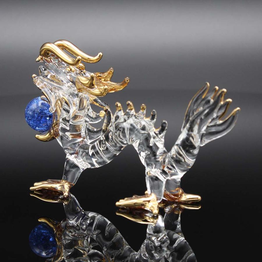 龍の置物 仕事運玉持ち ガラス細工 八角鏡 水盃セット 風水 縁起物 金