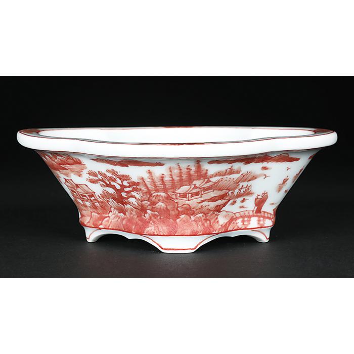 盆栽鉢 植木鉢 「平安泉山赤絵山水図木瓜式鉢 小」 絵付 絵鉢 清水焼