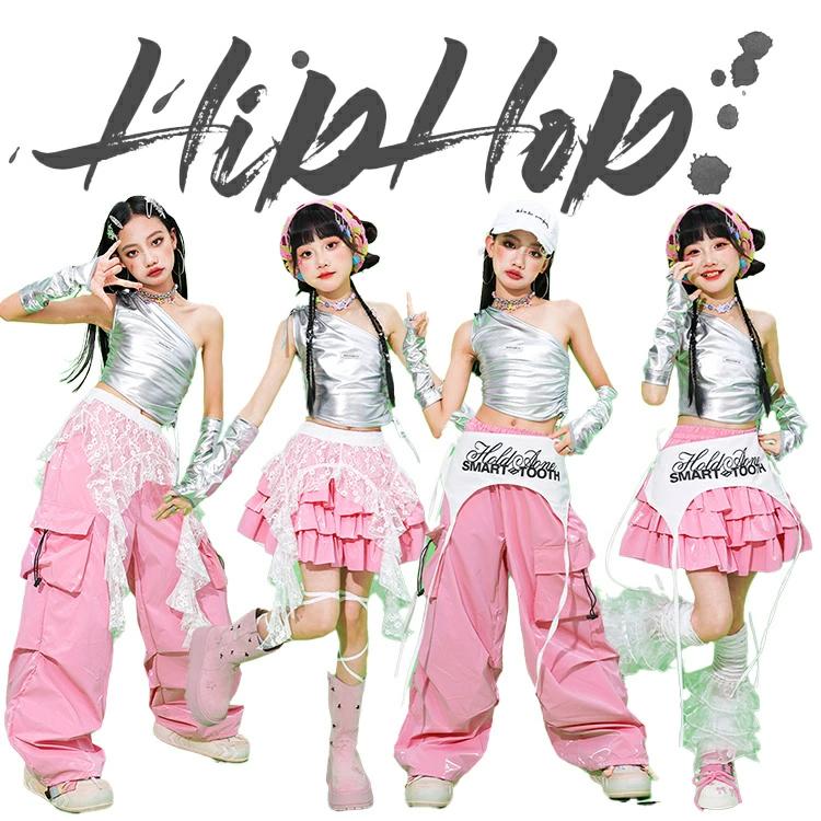 キッズ レザー ダンス衣装 派手 シルバー ピンク スカート ティアード