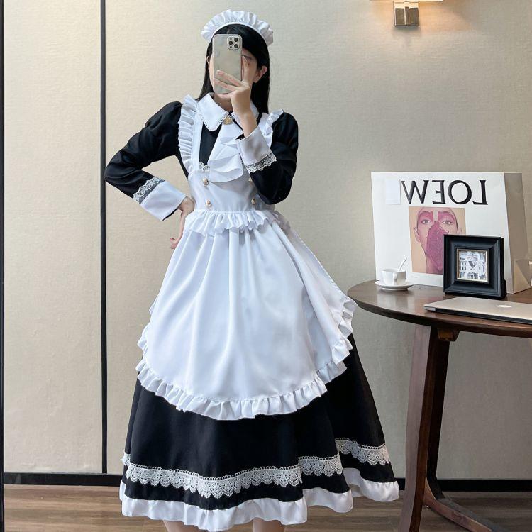 上品 メイド 服 ロング 丈 クラシック 英国風 コスプレ 衣装 長袖 黒