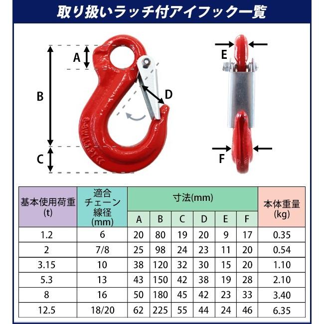 アイフック ラッチ付 使用荷重約1.2t 約1200kg G80 鍛造 フック 吊り具