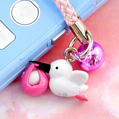 □ ハローキティ こうのとりキティ 根付けストラップ ピンク(黒