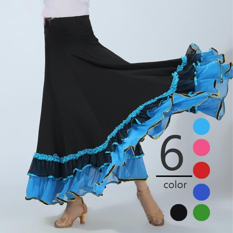 フラメンコ衣装 ☆ファルダのみ ＊青/黒/白地青バラ柄フリルファルダ