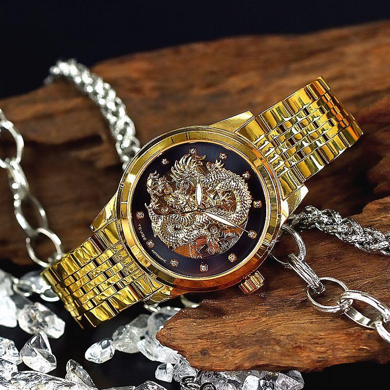 012 金×黒 龍神柄 機械式 自動巻き 腕時計 メンズ ファッション 紳士