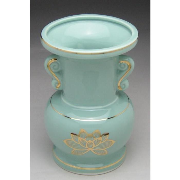 青磁上金蓮大玉仏花（花立）4.5寸 陶器製 （青）/仏具用品_葬儀_お葬式