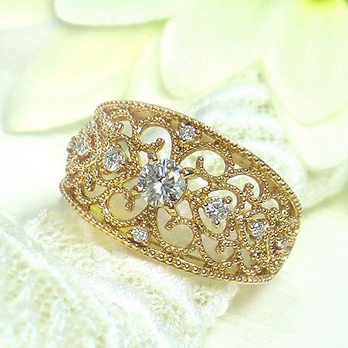 K18 ダイヤモンド リング k18 ダイヤリング 0.3ct アンティーク調