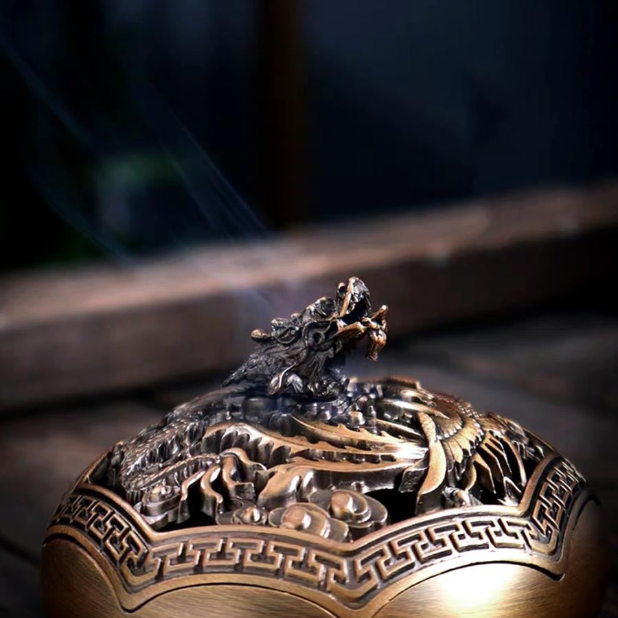 GOLD STONE 香炉 おしゃれ お香立て 真鍮製 龍 鳳凰 蓋付き 不燃綿入り