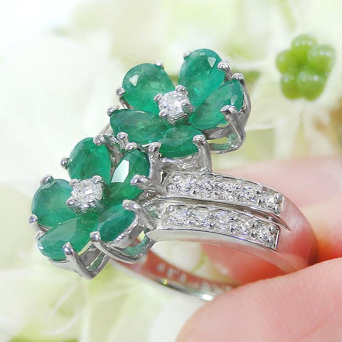 Pt900 フラワーモチーフ エメラルド ダイヤモンド リング 送料無料
