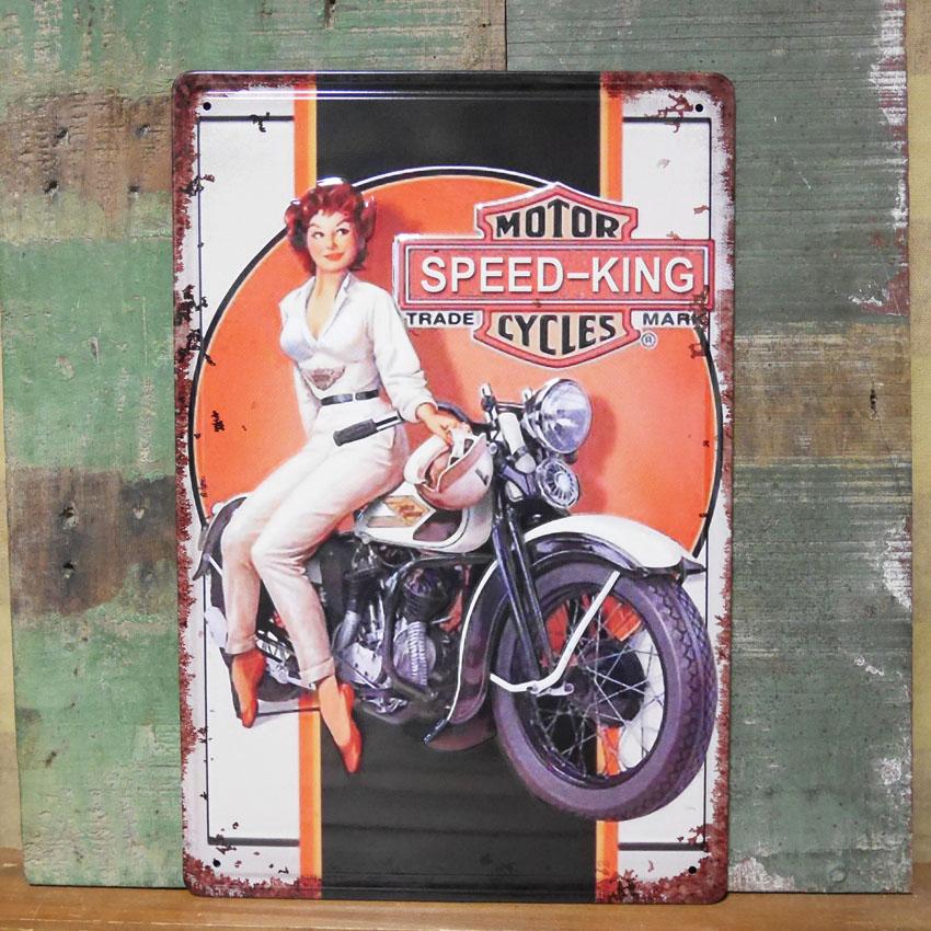 アンティークメタルエンボスプレート SPEED KING LADY ブリキ看板
