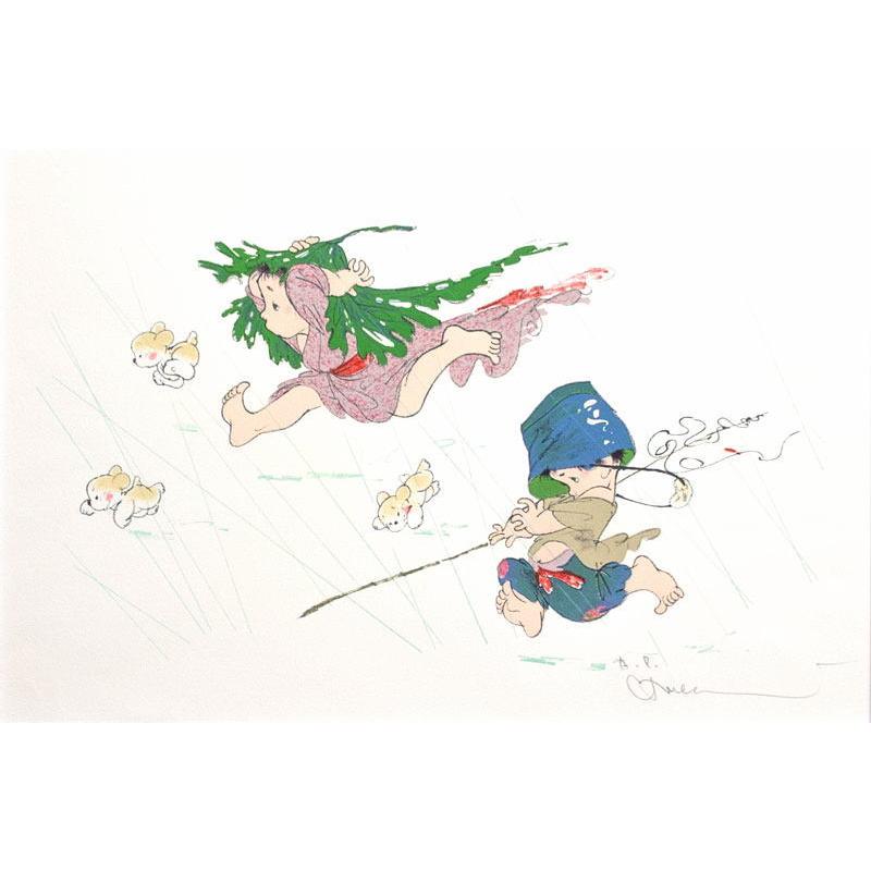 中島 潔 「 にわか雨 」 リトグラフ 版画 版画 絵画 こども 子供 人物