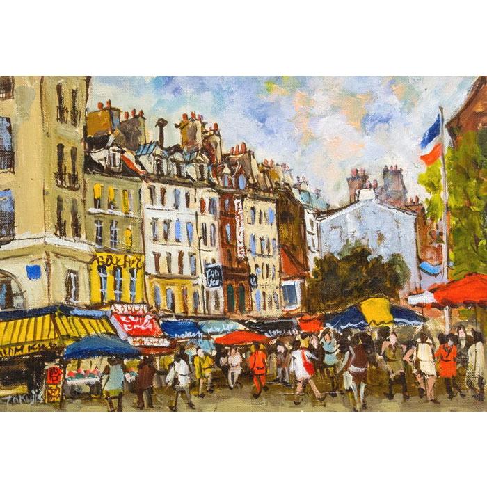 関 拓司 「 広場の朝市 」 油絵 ・ 油彩画 SM ( サムホール ) 絵画