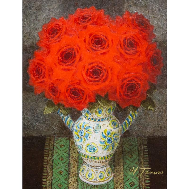 田村 一 「 スペイン壷と赤い薔薇 」 油絵 ・ 油彩画 F6 ( 6号 ) 絵画