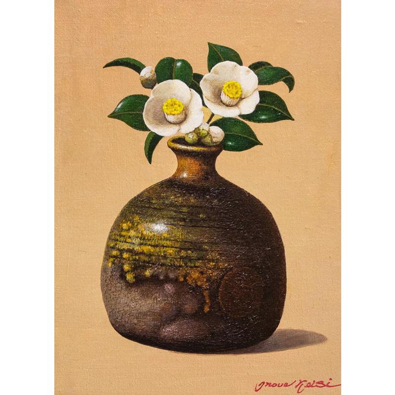 井上圭史 「 備前焼に椿 」 油絵 油彩画 F4 ( 4号 ) 絵画 洋画 肉筆