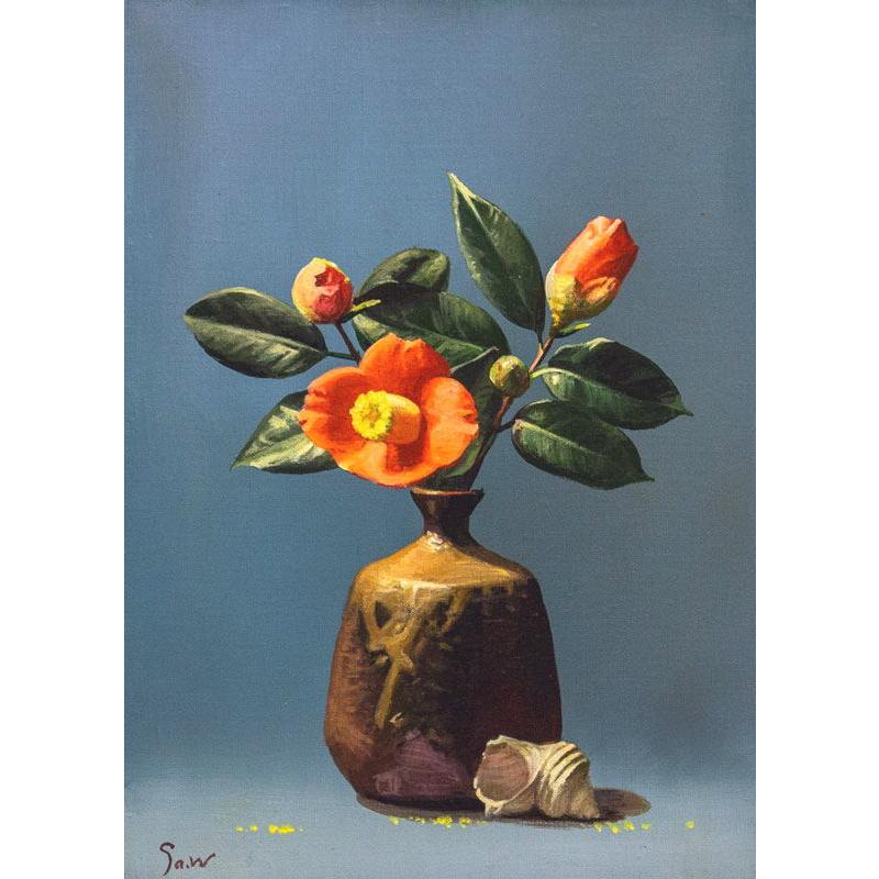 渡辺三郎「 椿と備前 」 油絵・油彩画 F4 ( 4号 ) 絵画 洋画 肉筆