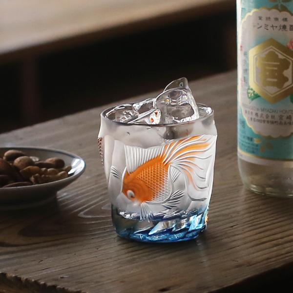 江戸切子 ミニロックグラス 金魚 但野硝子 切子グラス 父の日 還暦祝い