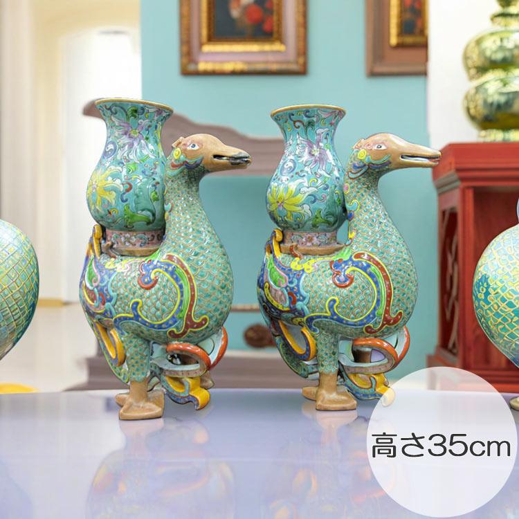 景徳鎮 十錦 動物飾り壺（1対） 高さ約35cm 中国 陶磁器 花瓶 オブジェ