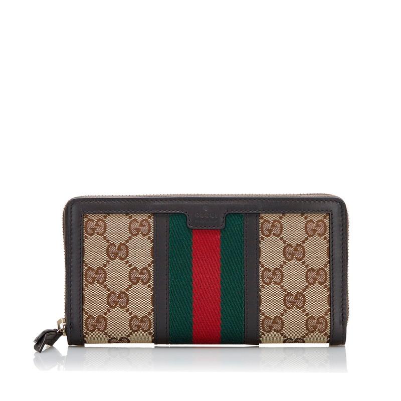美品 GUCCI ラウンドファスナー長財布 ブラウン茶 GGキャンバス P55 美