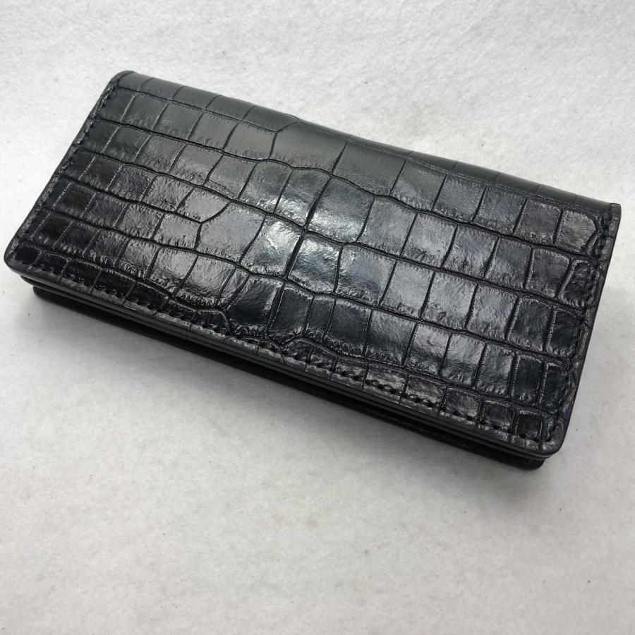 スモールクロコダイルレザー 肚クロコ1 顎下 半艶ブラック 札入れ 長