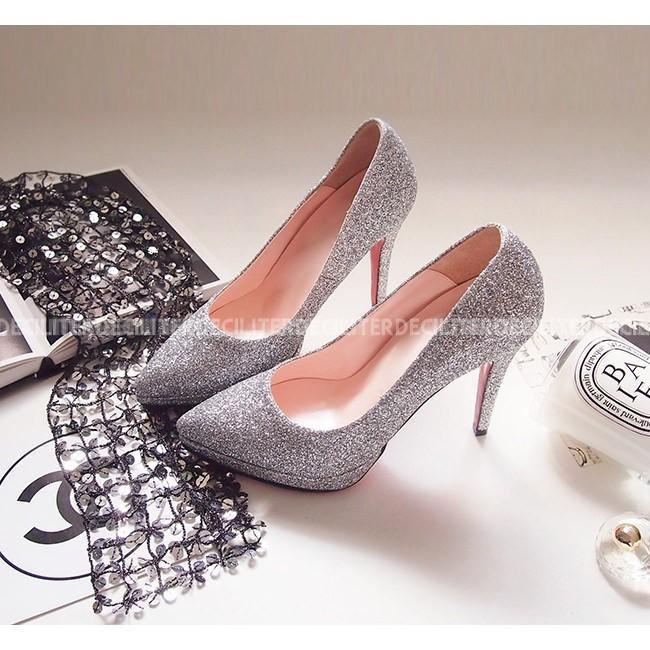 パンプス ポインテッドトゥ グリッター ラメ 黒 ブラック シルバー