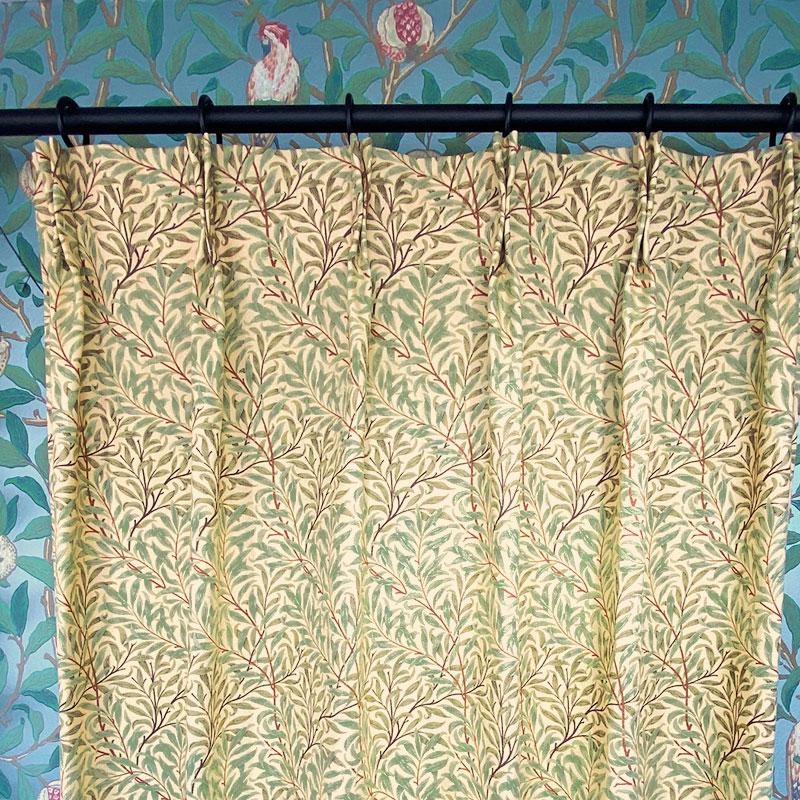カーテン モリス柄 W180×H150 1.5倍ヒダ 2つ山ヒダ ウィローボウ 柳