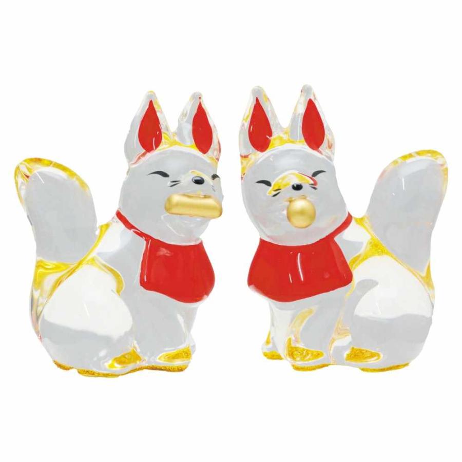 クリスタルガラス キツネ 置物 縁起物/ 稲荷きつねペア /粗品 販促