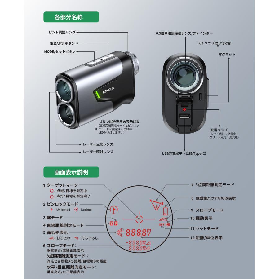 EENOUR ○今平周吾プロ推薦○黒/赤OLED切替 ゴルフ距離計 レーザー距離