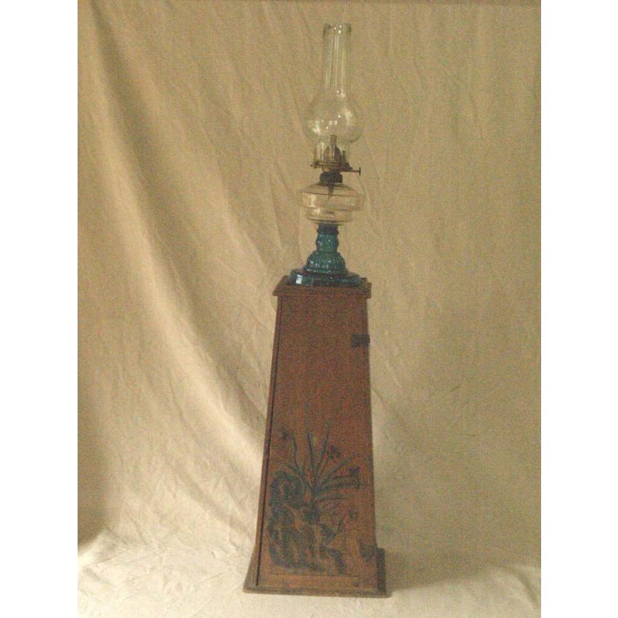 希少 明治 大正レトロ ガラス製オイルランプ40.5cm 木製台座兼収納箱