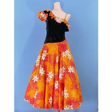 フラダンス ワンショルダー ベルベット斜め切り替え ドレス オレンジ F