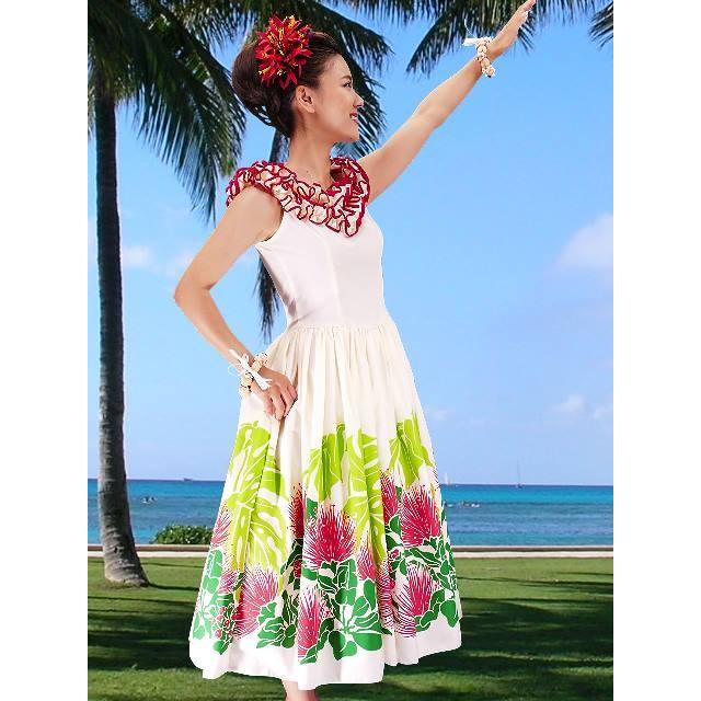 フラダンス ムームー フリル ミディ丈ドレス ホワイト Fサイズ 2197wF