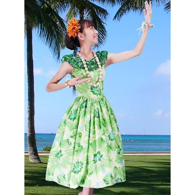 フラダンス ムームー フリル ミディ丈ドレス グリーン Fサイズ 2380grF