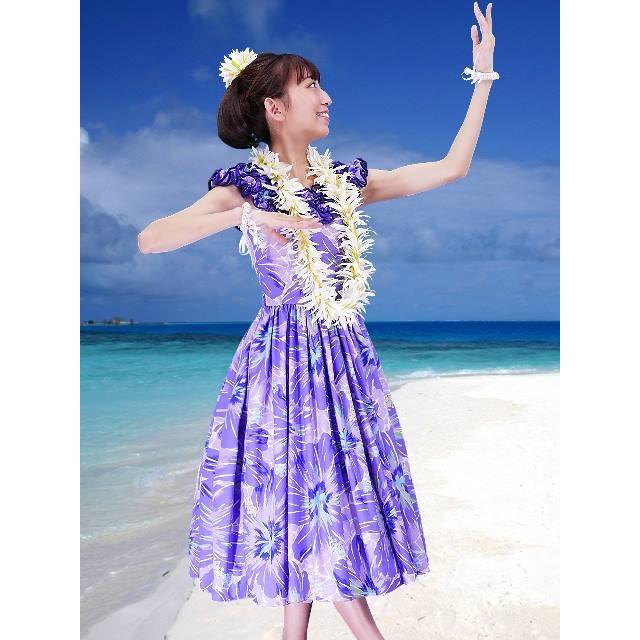 フラダンス ムームー フリル ミディ丈ドレス パープル LLサイズ