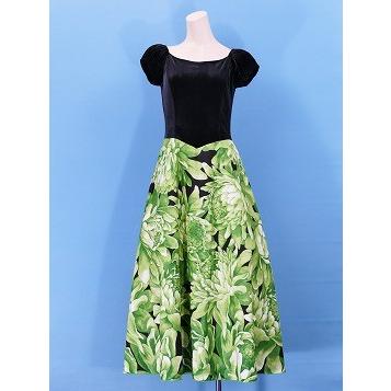 フラダンス ベロア×ハワイアンファブリックドレス グリーン LLサイズ