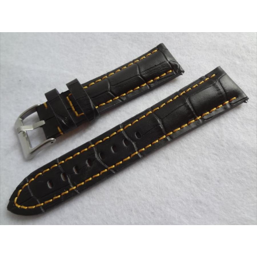腕時計 レザーベルト 20mm 時計 バンド 黒/黄色ステッチ 裏地