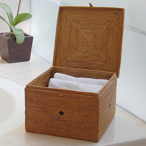 アジアン雑貨 アタ製大きなフタ付きボックス型バスケット Lタイプ