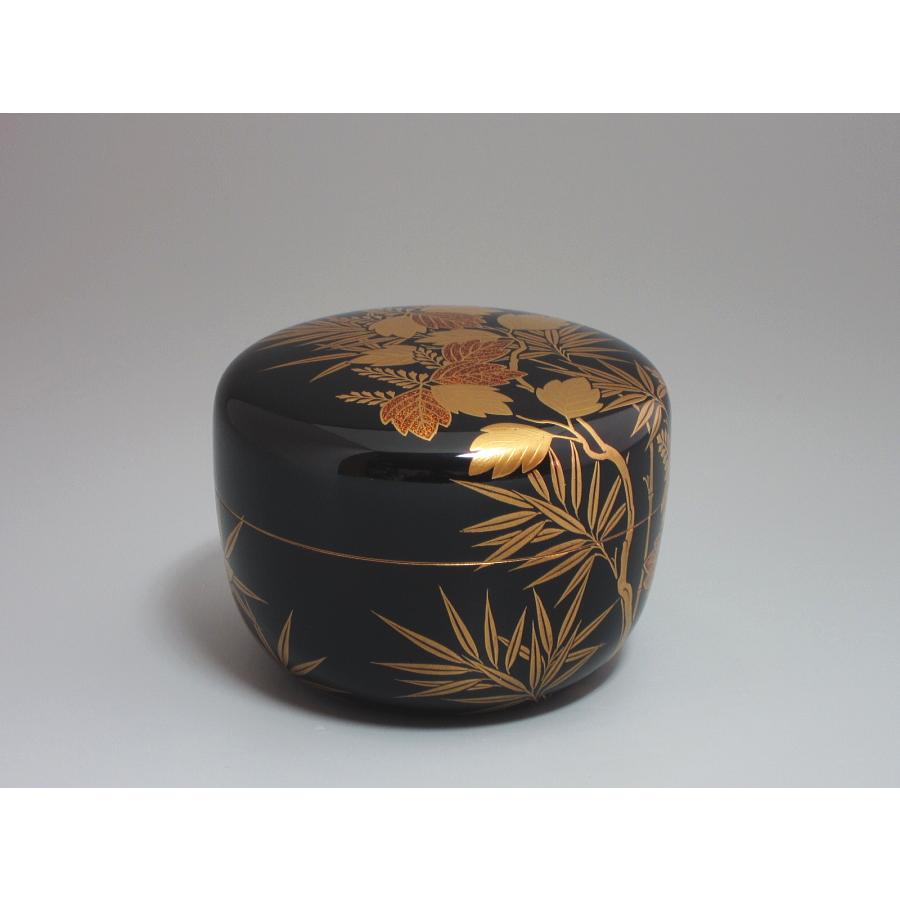 桐竹蒔絵黒平棗 鵬雲斎在判箱 岡田表寛造 共箱 : 茶道具商 越中屋