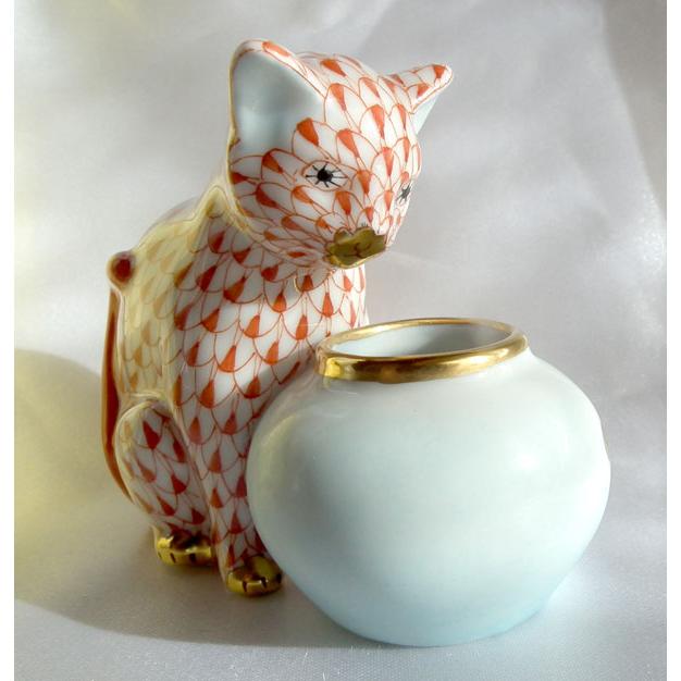 ヘレンド（HEREND） 金魚鉢をのぞきこむ猫 VH15740-0-00 レッド 新品箱