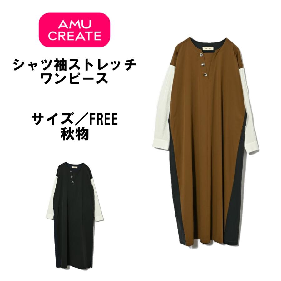 akane シャツ袖ストレッチワンピース FREE ワンピース 秋 Vネック