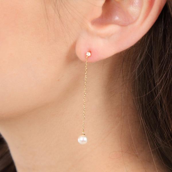 アコヤ真珠 本パール ロング ピアス 揺れる イエロー ゴールド 18k K18