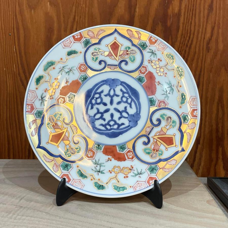 古伊万里 紗綾形紋に金唐草 丸紋に松竹梅の図 大振蓋茶碗 E807AS-CNy