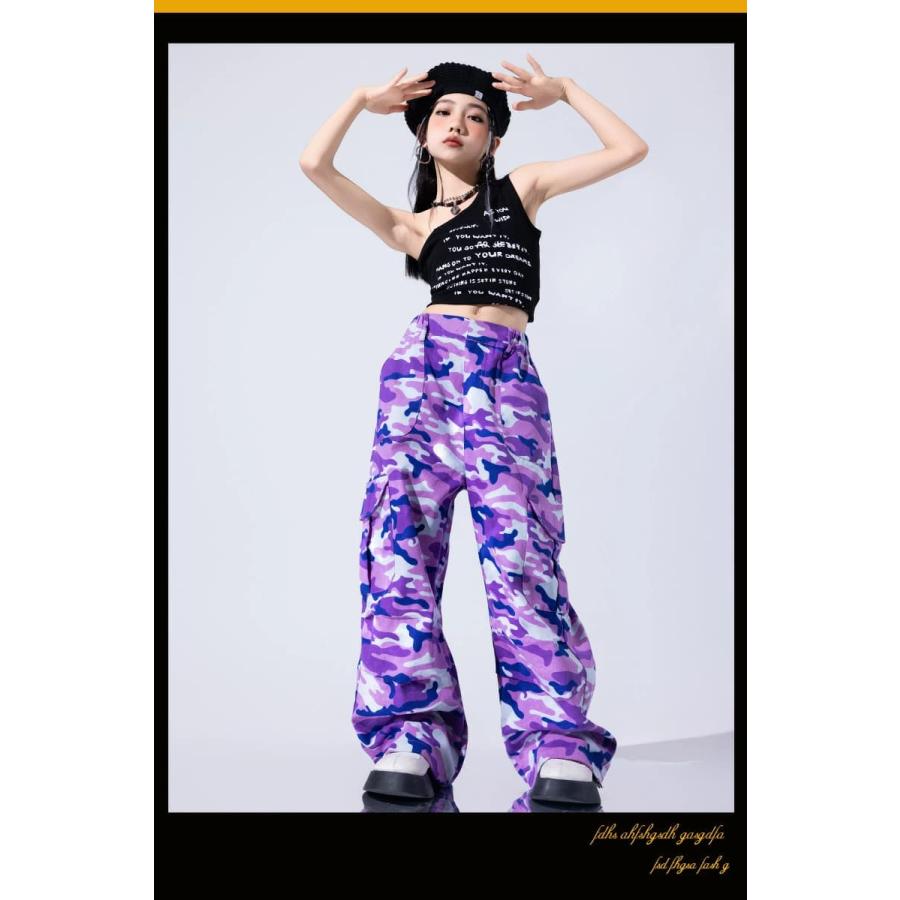 紫 迷彩 カーゴパンツ キッズ ダンス衣装 ガールズ 女の子 へそ出し