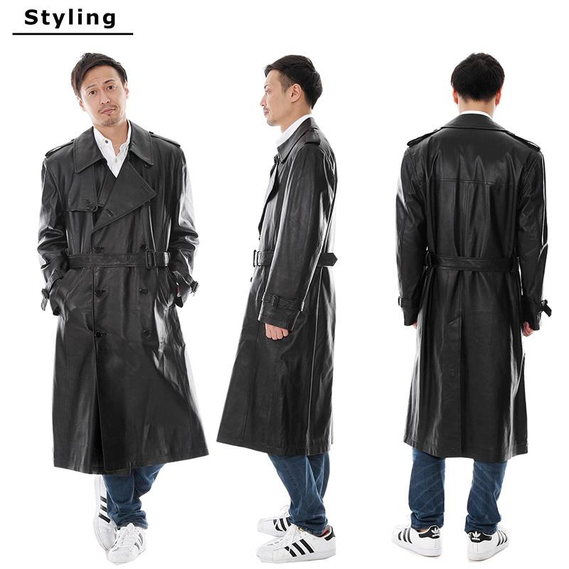 トレンチコート レザーコート 本革 革コート メンズ ラム革 ロング