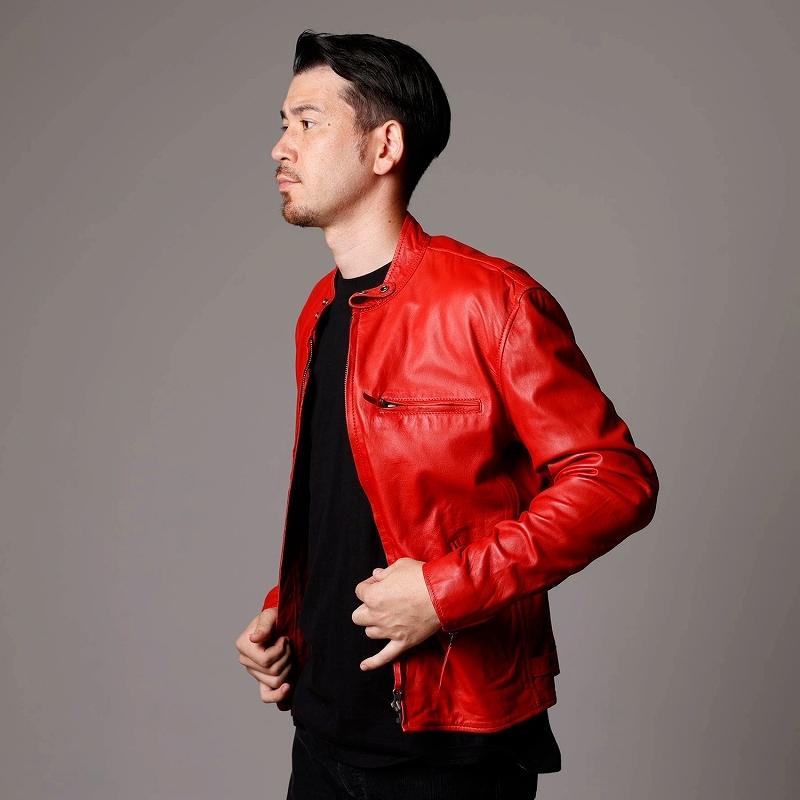 本革 ラムレザー】レッド シングルライダースジャケット メンズ 革