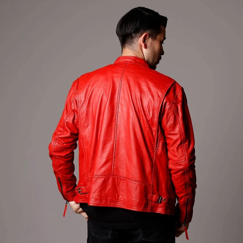 本革 ラムレザー】レッド シングルライダースジャケット メンズ 革