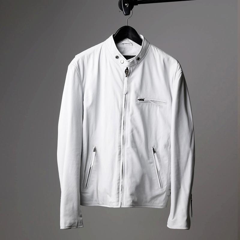 本革 ラムレザー】ホワイト シングルライダースジャケット メンズ