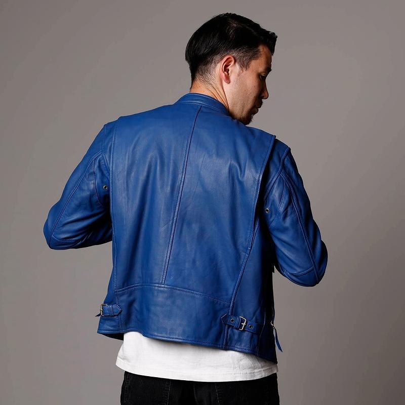 本革 ラムレザー】ブルー シングルライダースジャケット メンズ レザー