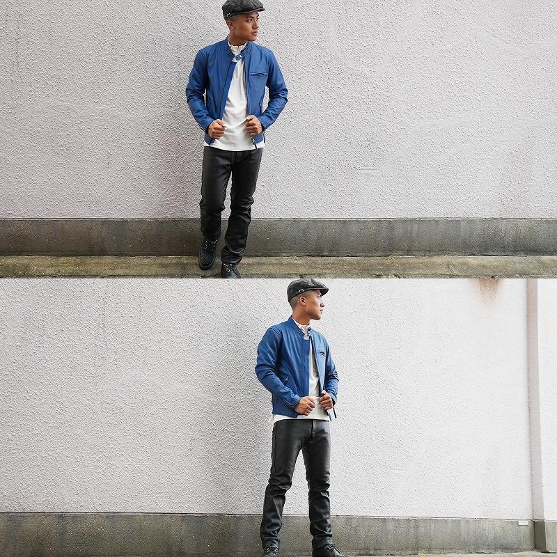 本革 ラムレザー】ブルー シングルライダースジャケット メンズ レザー