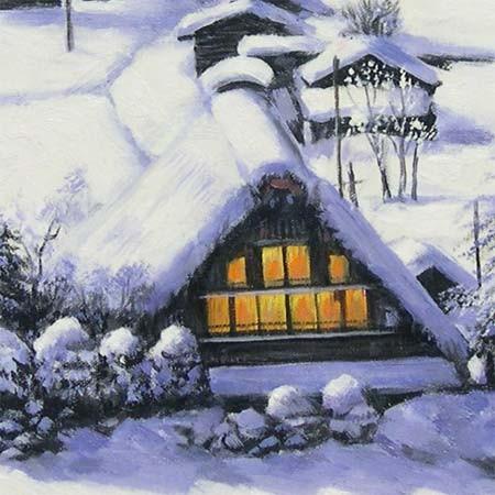 絵画 油絵 雪の白川郷 （原田信夫） 【肉筆】【油絵】【日本の風景