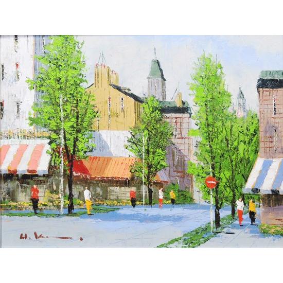 絵画 油絵 並木路のある街（フランス・ラマルク） （黒沢久） 【肉筆